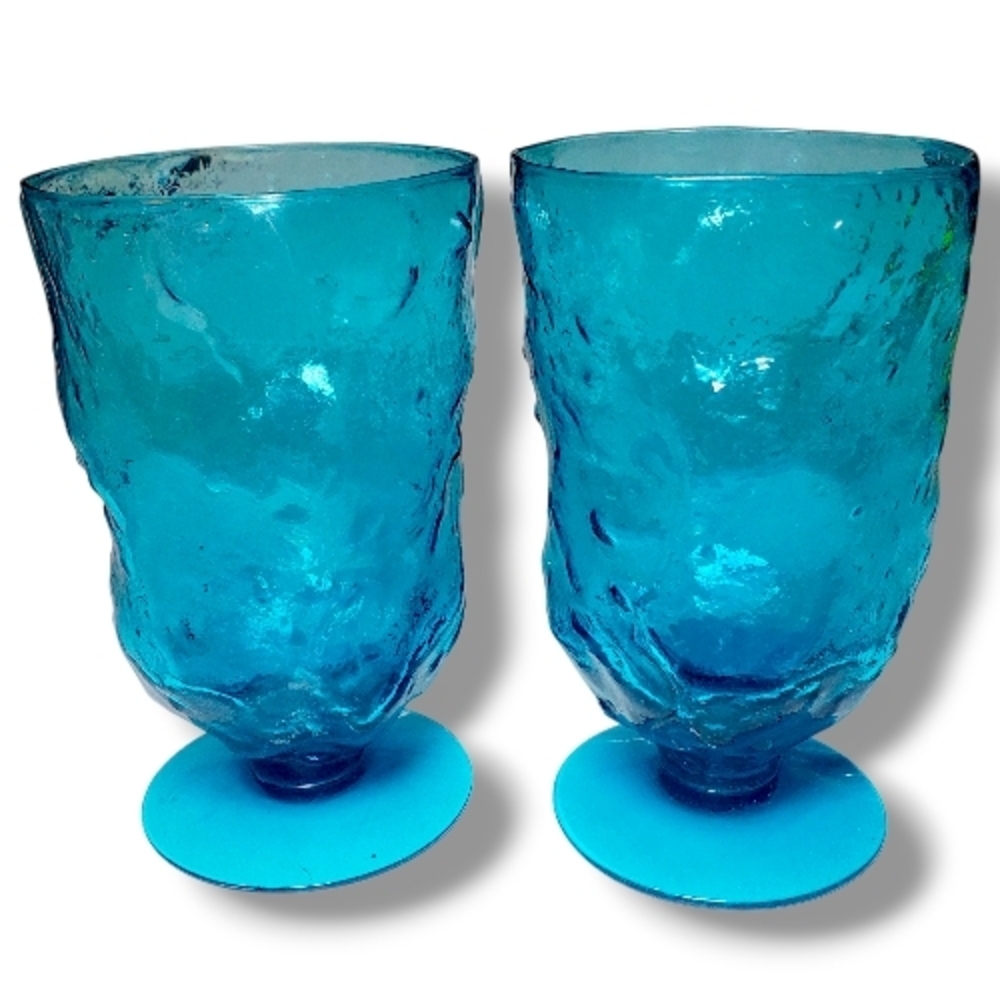 Morgantown CRINKLE Peacock Blue Water Glass Goblet (s) LOT OF 2